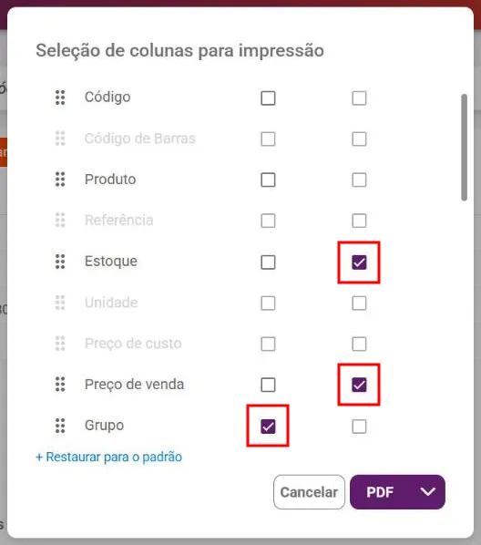 Janela Seleção de colunas para impressão com colunas marcadas e um agrupamento aplicado