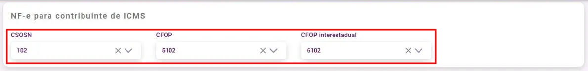 Bloco de NF-e com os campos de CSOSN, CFOP e CFOP interestadual