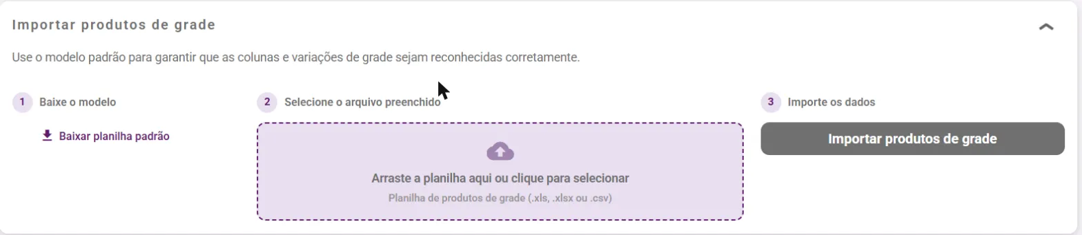 Painel Importar produtos de grade com os três passos