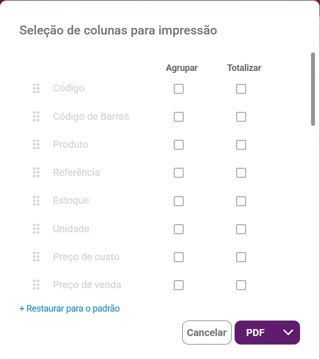 Janela de seleção de colunas para impressão