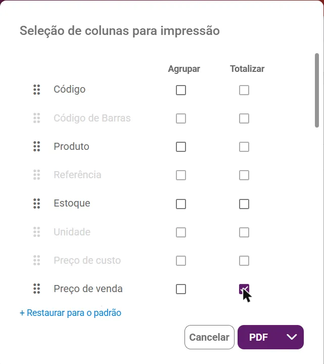 Colunas escolhidas com a totalização marcada no preço de venda