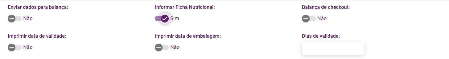 Painel Informações para balança com a chave da ficha nutricional ligada