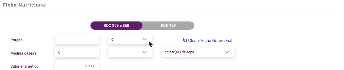 Cabeçalho da ficha nutricional com as abas das normas, porção e medida caseira