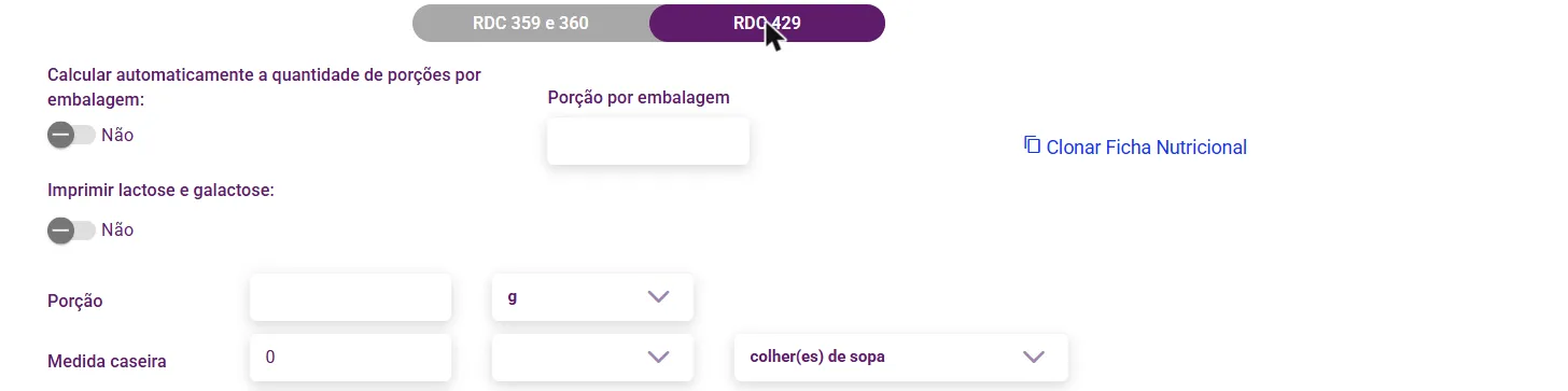 Aba RDC 429 com porção por embalagem e a opção de lactose e galactose