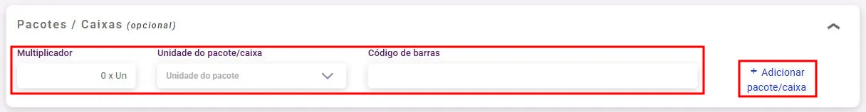 Bloco Pacotes / Caixas dentro do cadastro do produto
