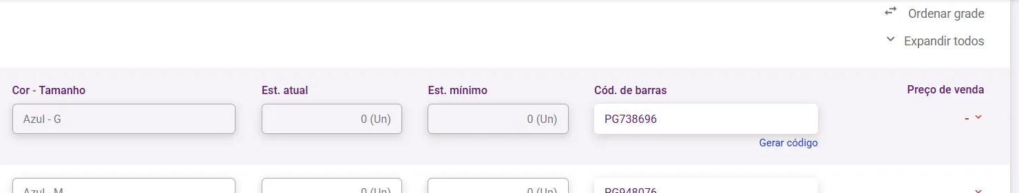 Tabela da grade com o link Ordenar grade acima dela