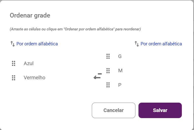 Janela Ordenar grade com as duas listas de variações