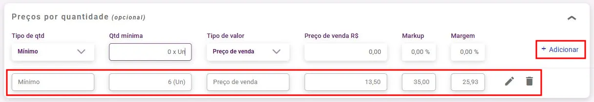 Painel Preços por quantidade (opcional) dentro do cadastro do produto