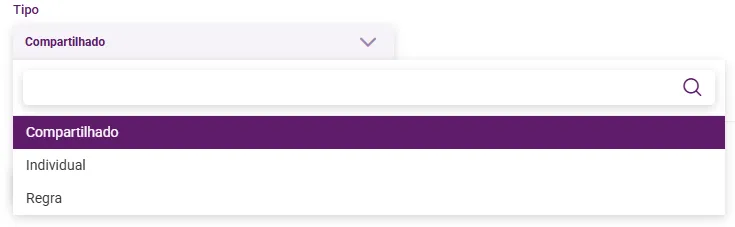 Opções compartilhado, individual e regra