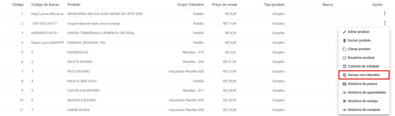 Menu Ações da listagem de produtos aberto com a opção Sanear com IMendes