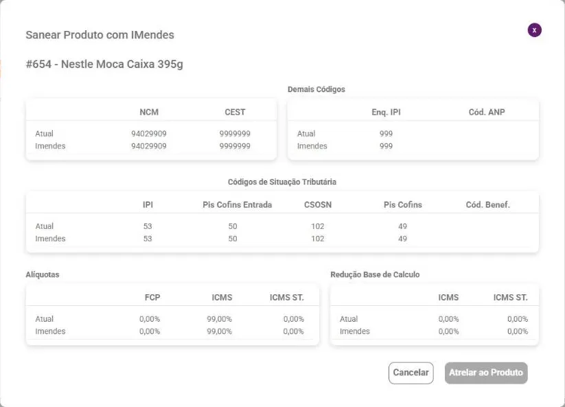 Janela Sanear Produto com IMendes com as colunas Atual e Imendes e o botão Atrelar ao Produto