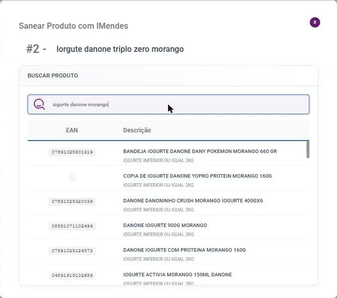 Busca de produto na base da iMendes com as colunas EAN e Descrição