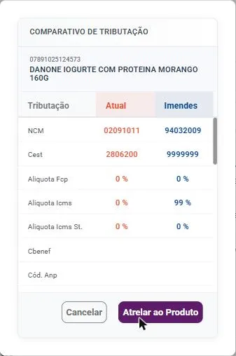 Comparativo de tributação com as colunas Atual e Imendes