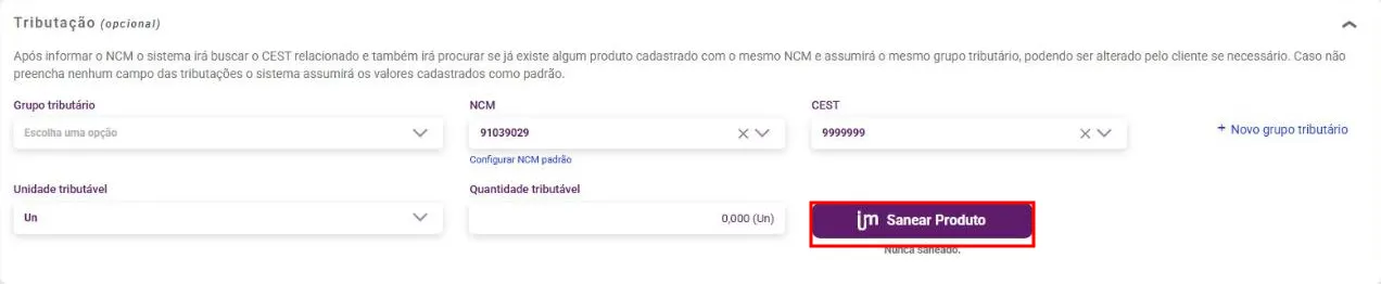 Painel Tributação do cadastro do produto com o botão Sanear Produto e a situação do saneamento
