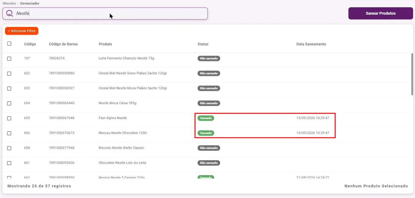 Gerenciador da iMendes com os produtos saneados no lote com status Saneado e a data do saneamento