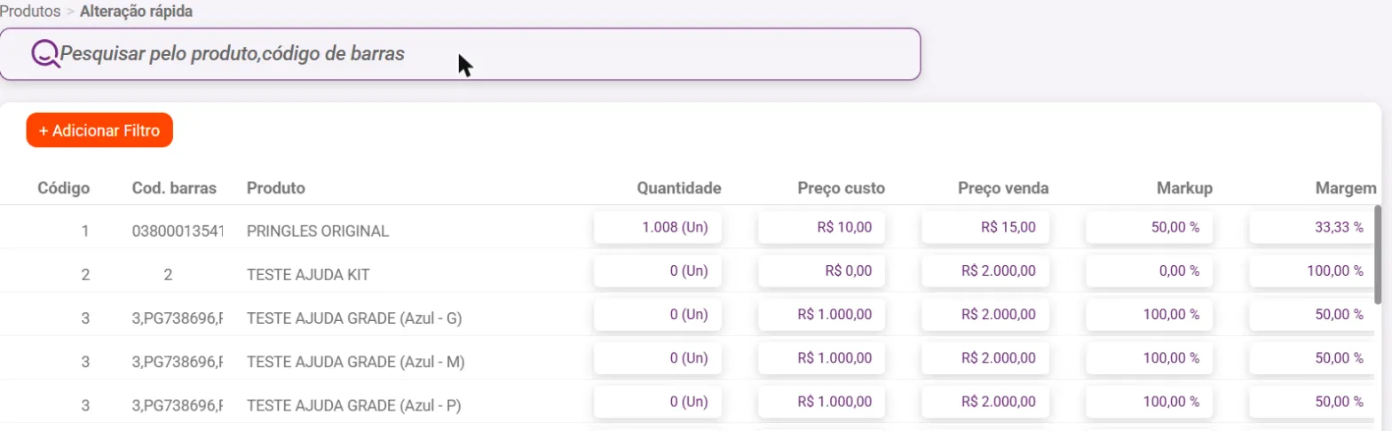 Tela de alteração rápida com os campos editáveis de cada produto