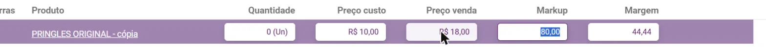 Linha em edição com o preço novo e o markup e a margem recalculados