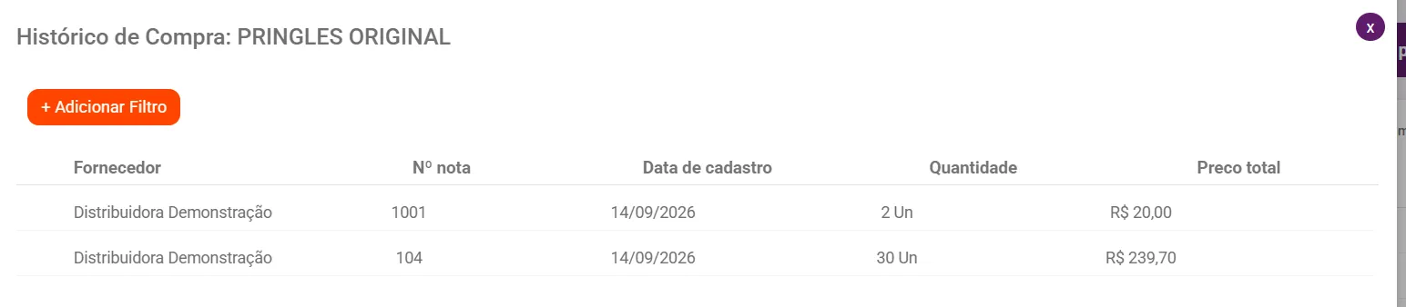 Janela Histórico de Compra com fornecedor, número da nota, quantidade e preço total