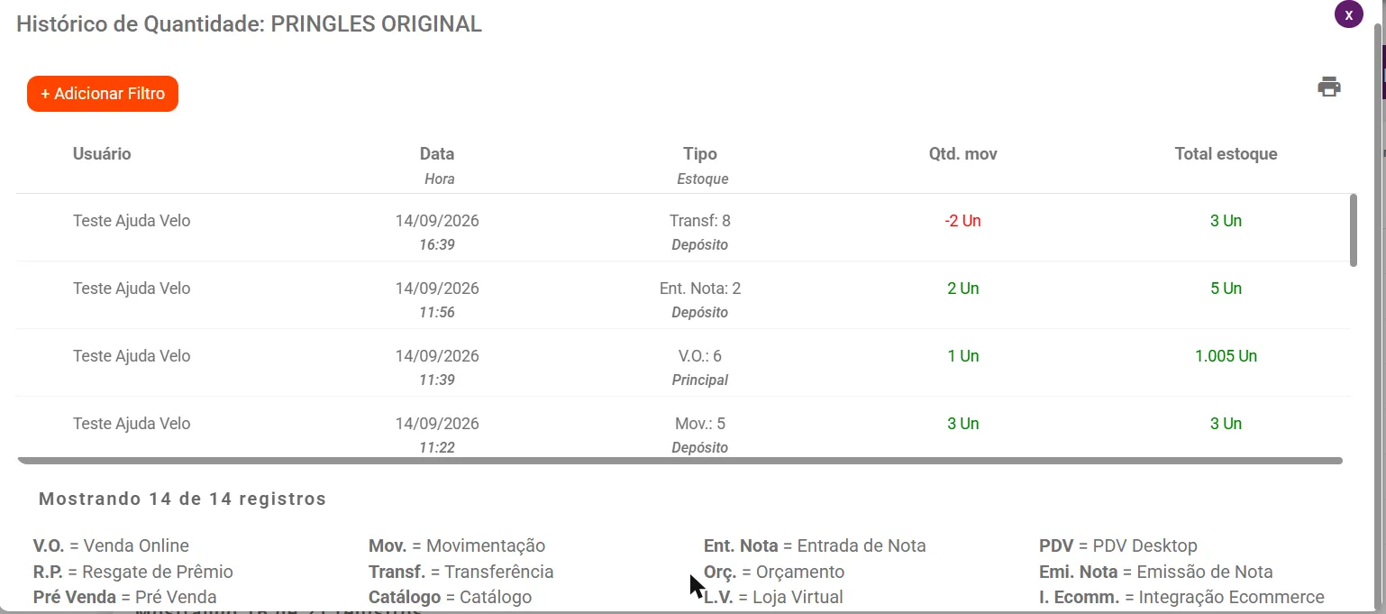 Janela Histórico de Quantidade com os movimentos e a legenda das origens