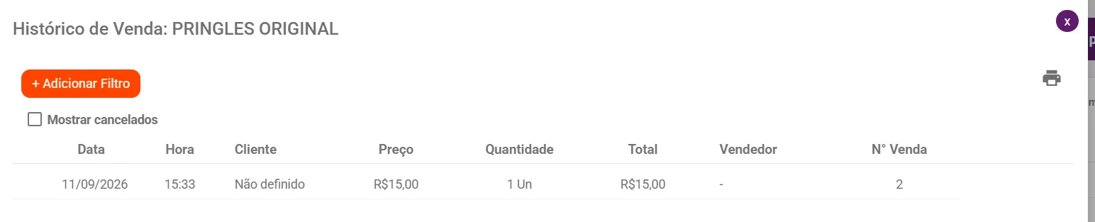 Janela Histórico de Venda com data, cliente, preço, quantidade e número da venda