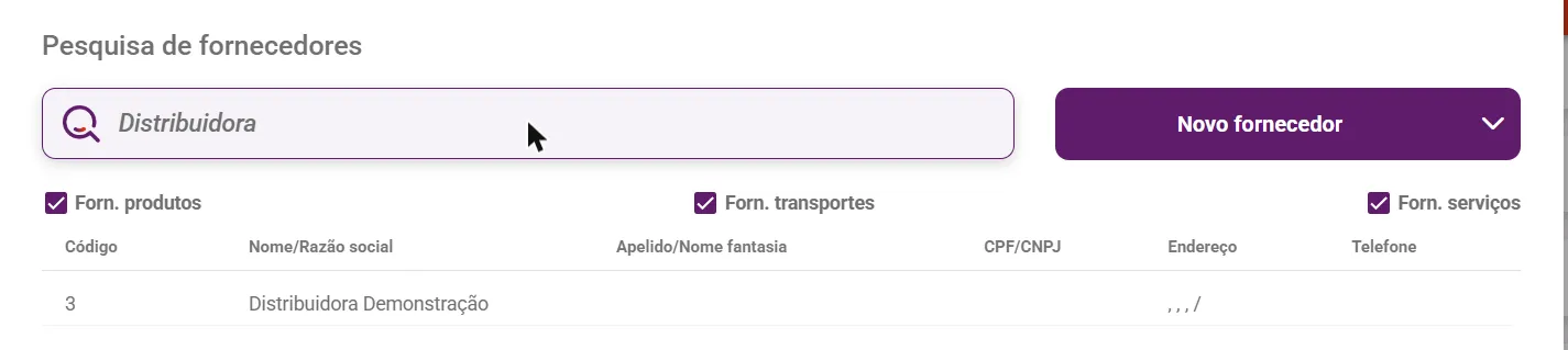 Janela de pesquisa de fornecedores com o resultado da busca