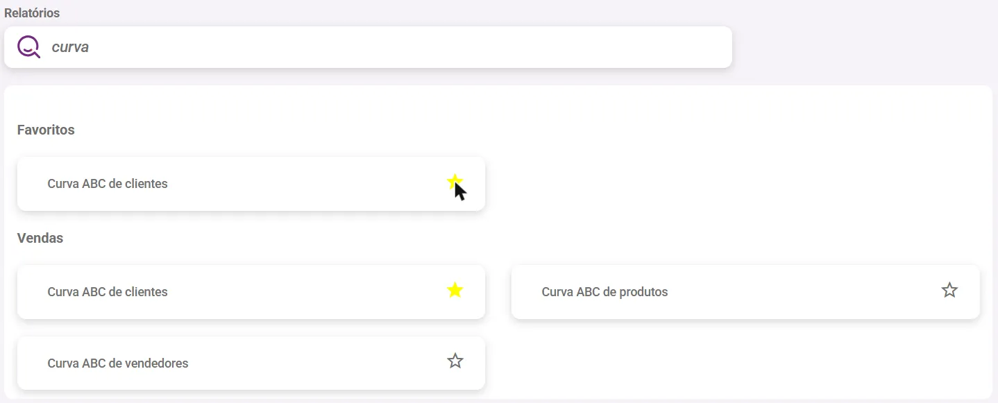 Lista de relatórios com a busca e a estrela de favorito