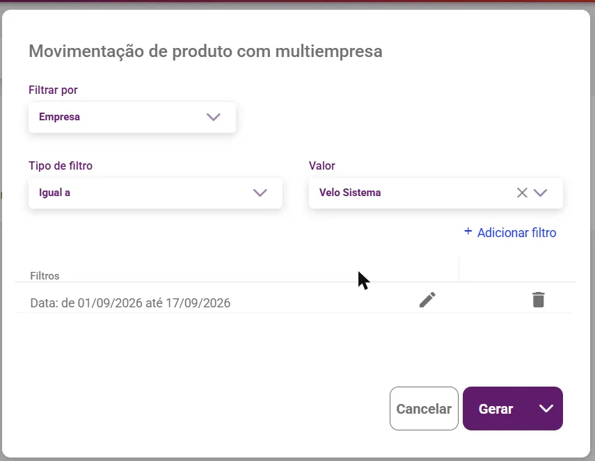 Área de filtros com campo, tipo de filtro e valor preenchidos