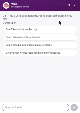 Painel da Velia aberto com as sugestões iniciais e o campo de pergunta