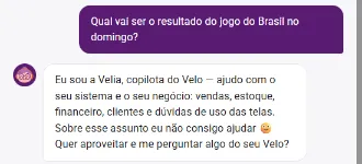 Velia recusando uma pergunta fora do assunto e oferecendo ajuda com o sistema