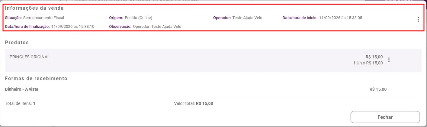 Relação de vendas com uma linha expandida