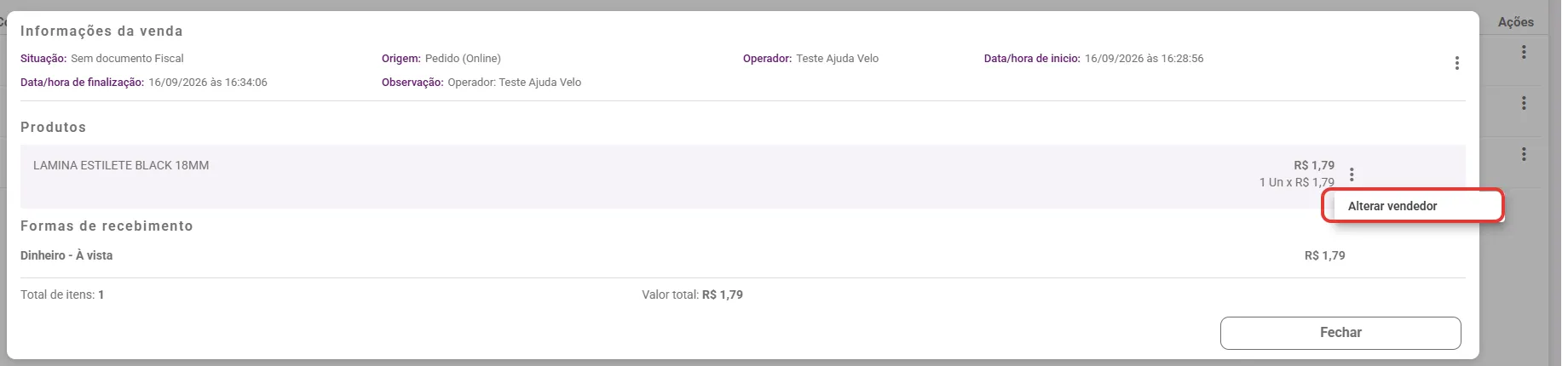 Janela Informações da venda com o menu do produto aberto em Alterar vendedor