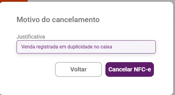 Janela de cancelamento da NFC-e com o campo de justificativa