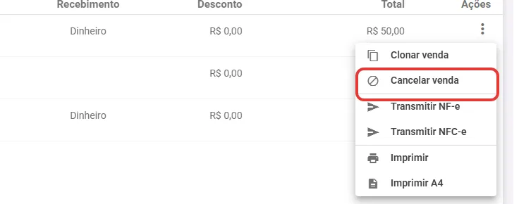 Linha da relação de vendas com o menu de ações aberto em Cancelar venda