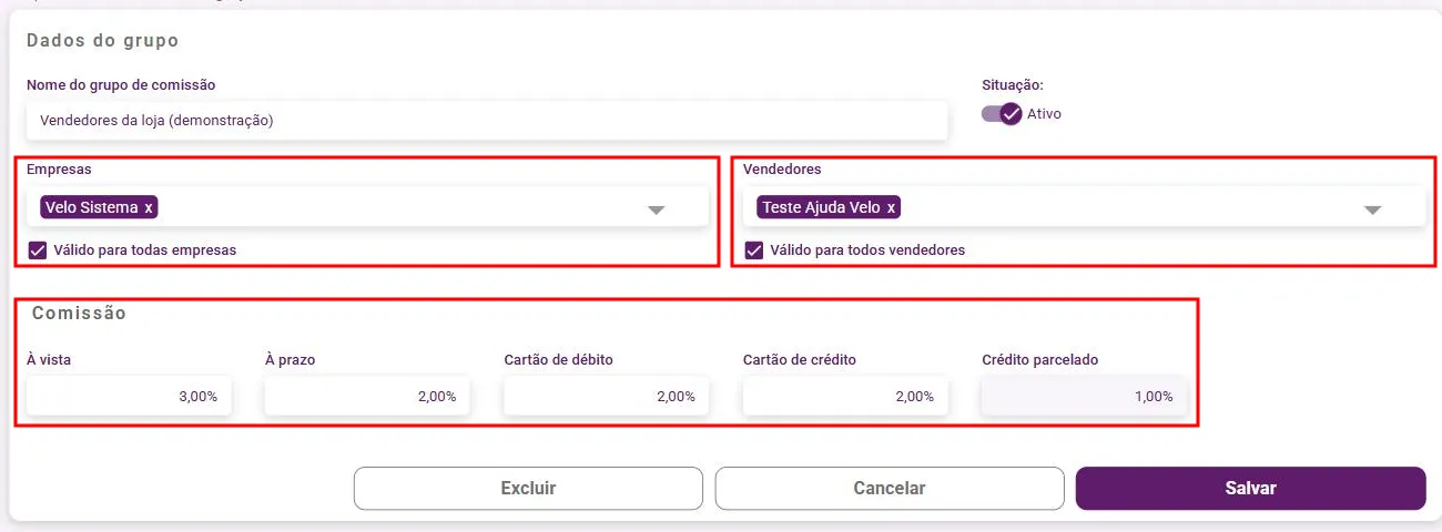 Cadastro de grupo de comissão com os painéis Empresas, Vendedores e Comissão