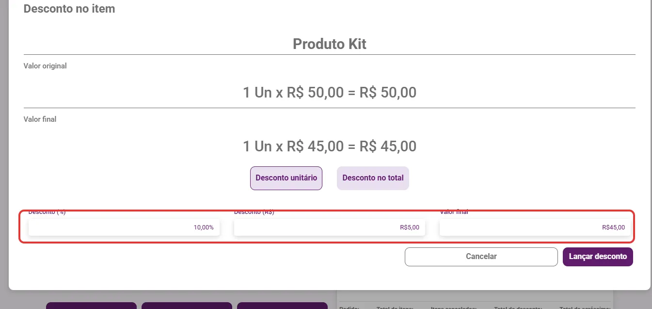 Janela Desconto no item com percentual, valor e valor final