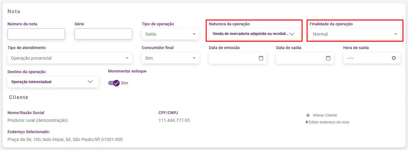 Painel de dados da nota, com natureza da operação e finalidade