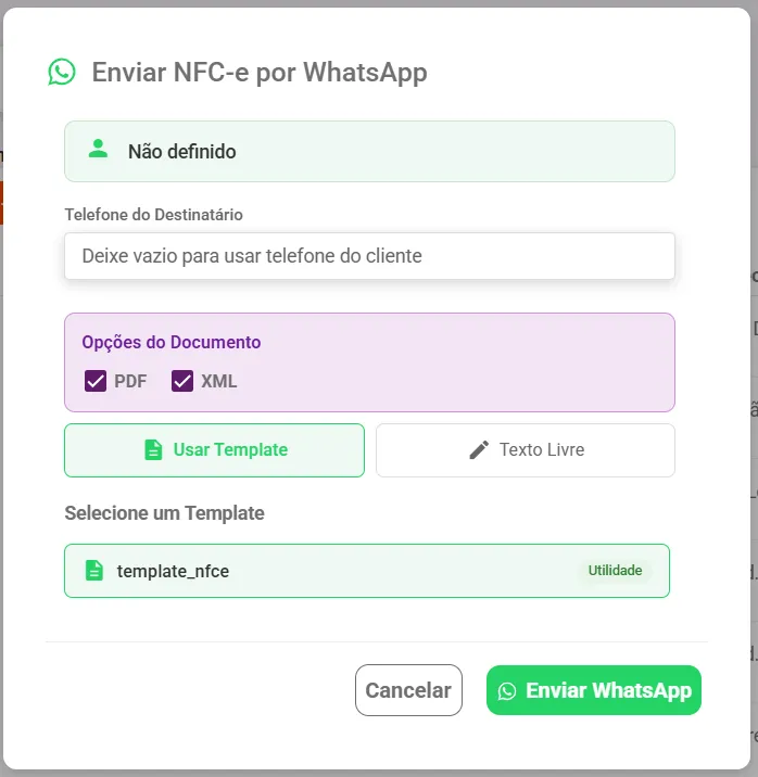 Janela Enviar NFC-e por WhatsApp com Opções do Documento e a escolha de template