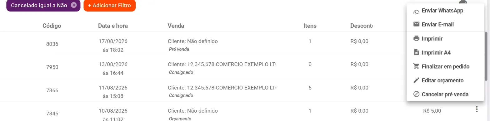 Menu de ações do orçamento com Enviar WhatsApp e Enviar E-mail
