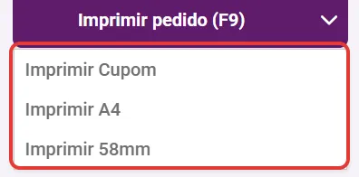 Tela final da venda com o menu de formatos de impressão aberto