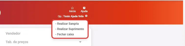 Menu do operador na tela de venda com Realizar Sangria, Realizar Suprimento e Fechar caixa
