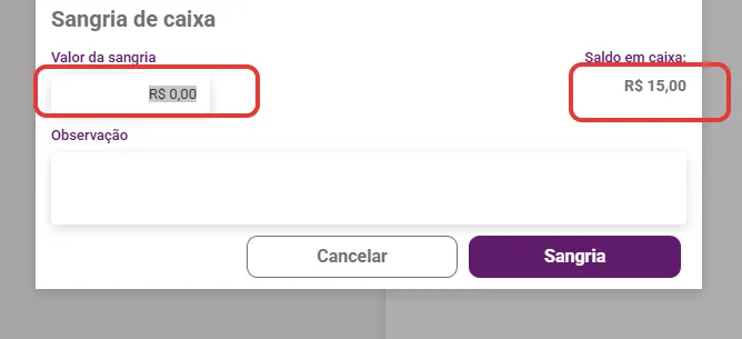 Janela de sangria de caixa com valor, saldo em caixa e observação