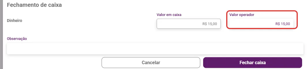Tela Fechamento de caixa com as formas de recebimento e o valor do operador