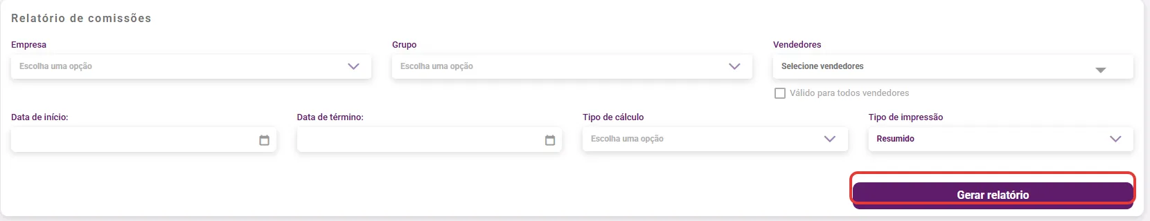 Filtros do relatório de comissões com tipo de cálculo e tipo de impressão