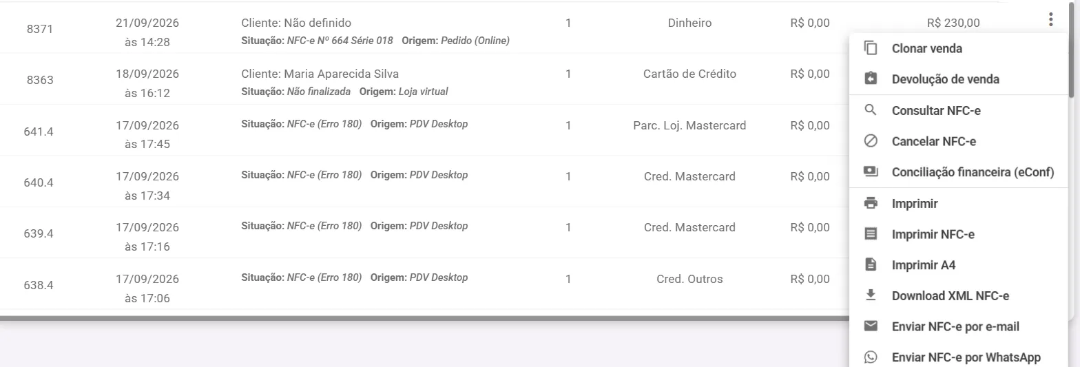 Menu de ações da venda com Imprimir NFC-e, Imprimir A4 e Download XML NFC-e