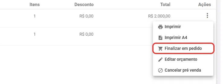 Relação de pré-vendas com o menu de ações aberto em Finalizar em pedido