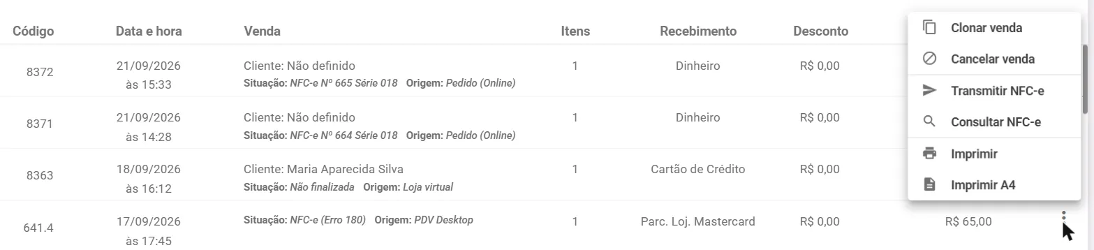 Menu de ações da venda com Transmitir NFC-e
