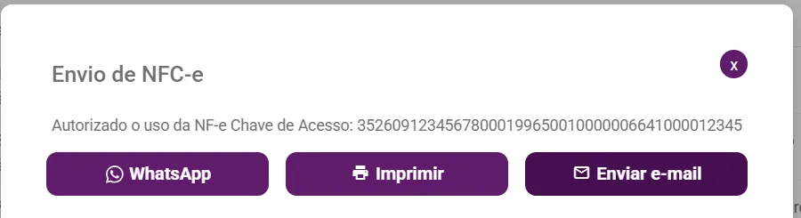 Janela Envio de NFC-e confirmando a autorização, com a chave de acesso e os botões WhatsApp, Imprimir e Enviar e-mail