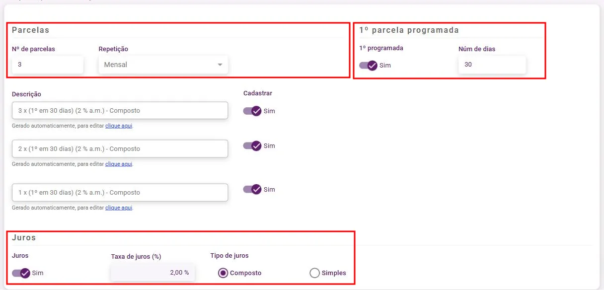Novo prazo com os painéis Parcelas, 1º parcela programada e Juros
