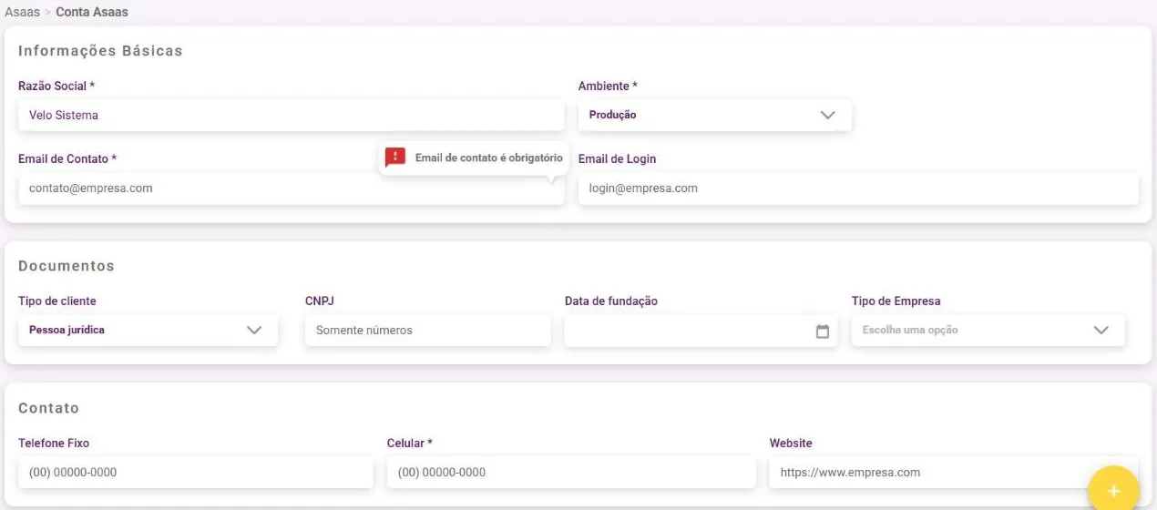Tela Conta Asaas com os painéis Informações Básicas, Documentos, Contato, Informações Financeiras e Endereço