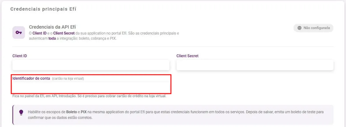 Painel Credenciais principais Efí com o campo Identificador de conta (cartão na loja virtual)